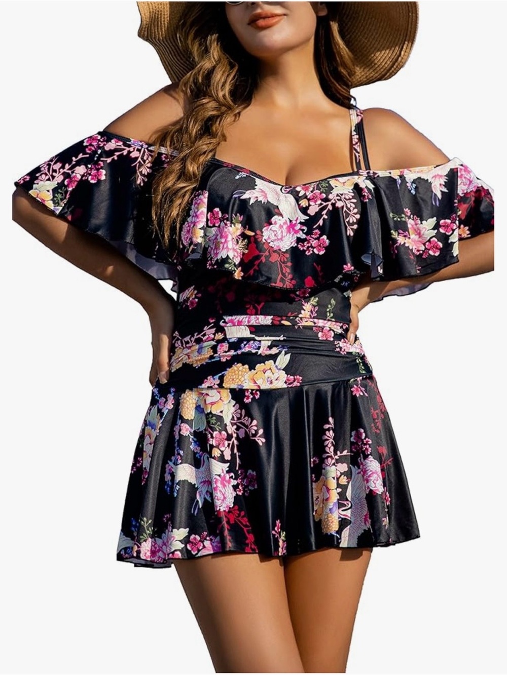 Cocopear Black Floral Swim Dress XL
Molded Cups Cross Back 1 Piece Tummy Control